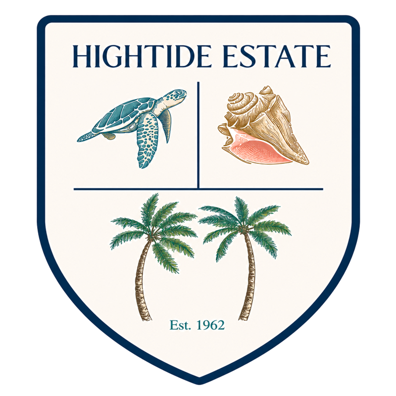 Hightide Estate crest logo with sea turtle, conch shell, and palm trees, established 1962