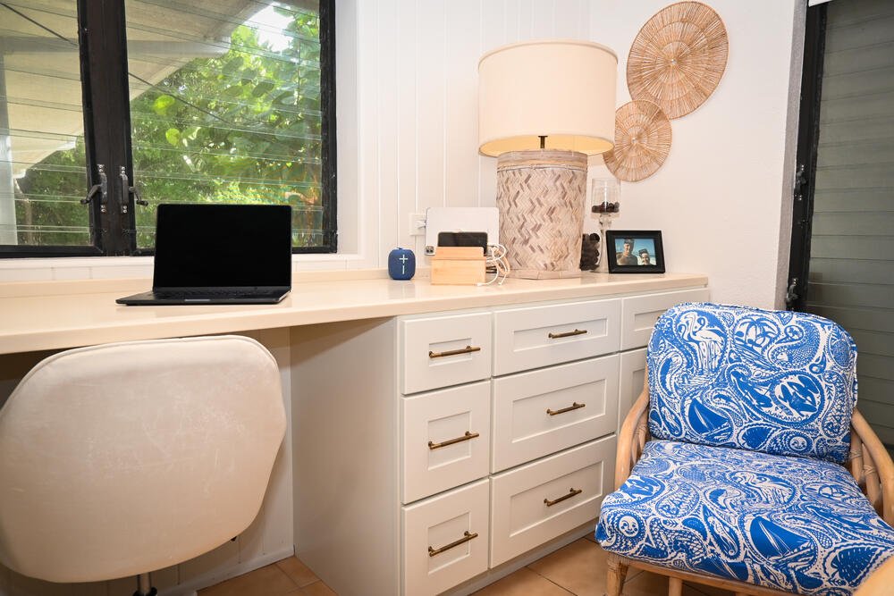 Office desk with ocean-view window