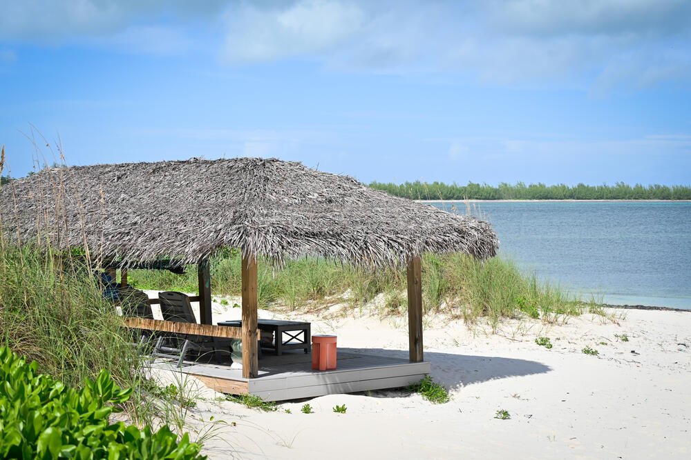 Thatched beach cabana on Winding Bay