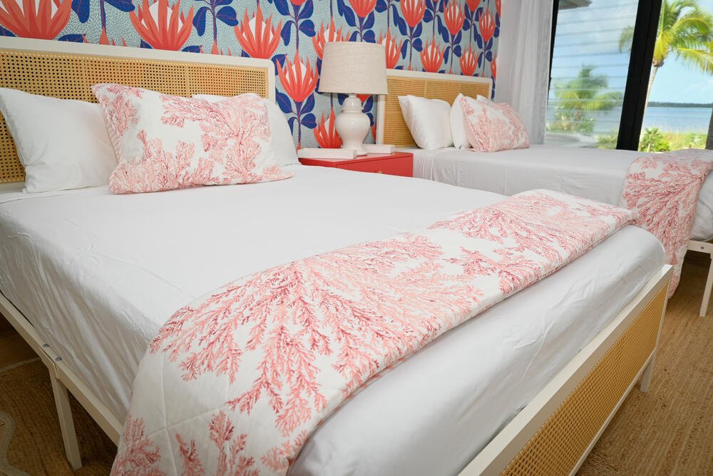 Coral toile bedding detail
