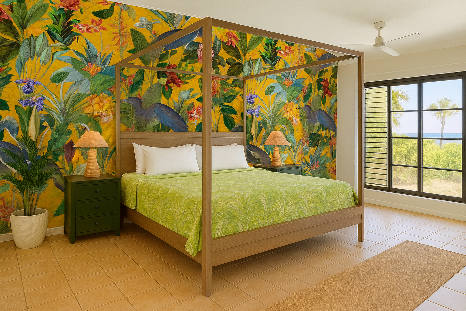 tropical bedroom with ocean view